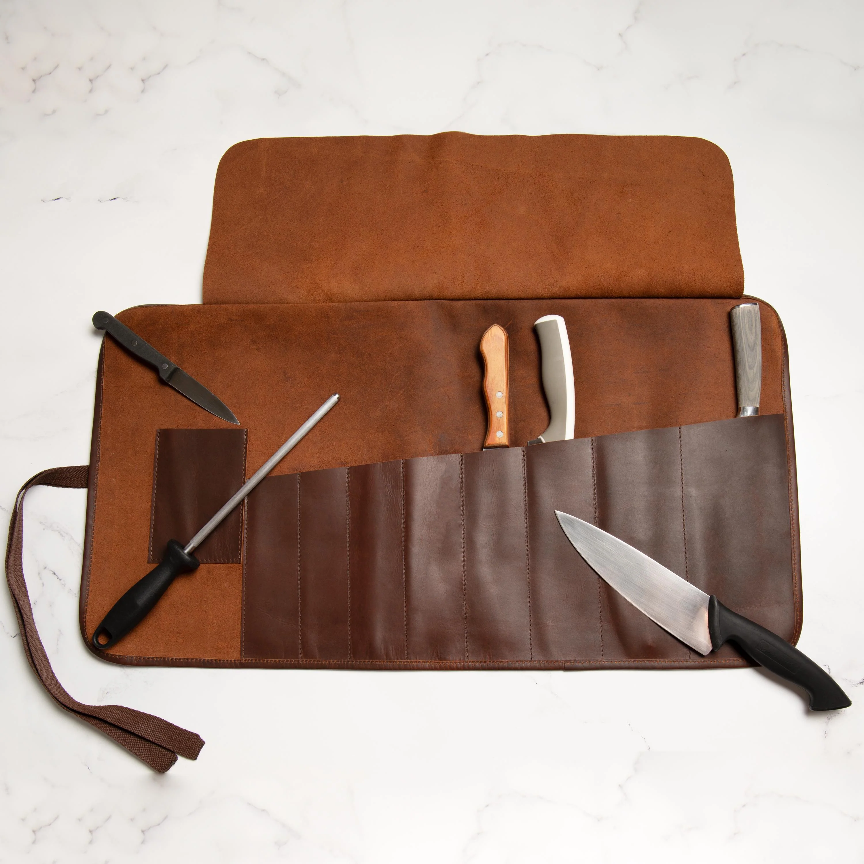 Laser Personalized Brown Leather Knife Roll - Image 3