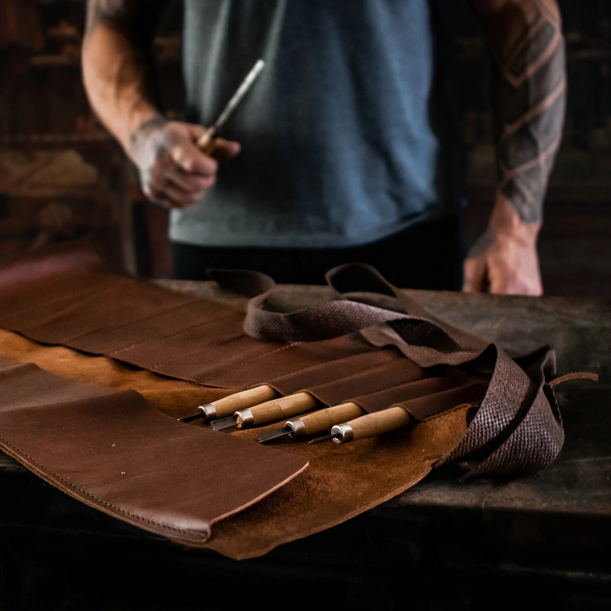 Laser Personalized Brown Leather Tool Wrap - Image 3